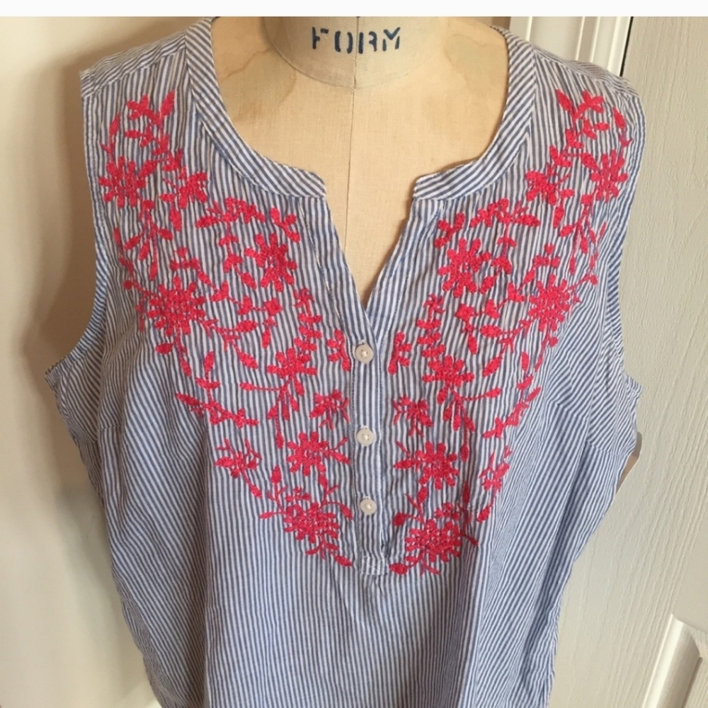 Croft & Barrow Blue Striped Blouse with Pink Embroidery